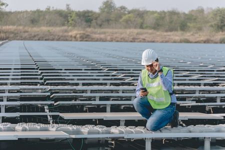 engineer or technician talking on mobile phone while sitting on solar panels in solar power plantの写真素材