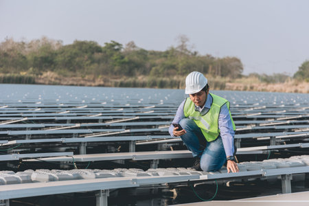 engineer or technician working at solar power plant using mobile phone.の写真素材