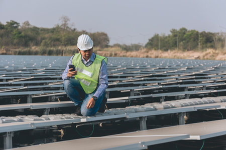 engineer or technician working at solar power plant using mobile phone.の写真素材