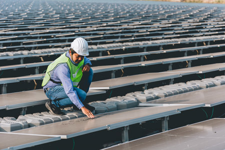 engineer in safety helmet and reflective vest sitting on solar panels in solar power plantの写真素材