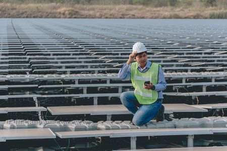 asian engineer working on solar panel in solar power plant. asian engineer working on solar panel.の写真素材