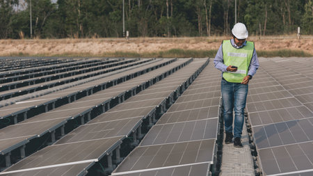 Photovoltaic power plant worker in front of photovoltaic panelsの写真素材