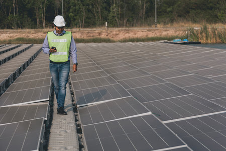Low angle view of male engineer standing in front of solar panels on construction siteの写真素材