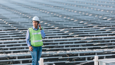young engineer in helmet and vest talking on smartphone near solar panels on roofの写真素材