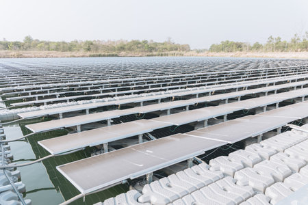 Solar panels for renewable electric energy production. Solar power plant with rows of solar panels.
