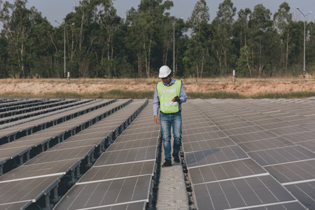 engineer or technician standing in solar power plant and checking solar panelの写真素材