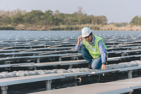Technician or engineer working on solar cell farm. Solar power plant.の写真素材