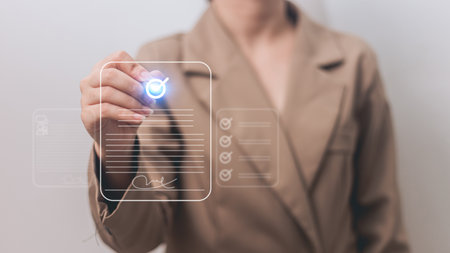 Online business contract Electronic signature, e-signing, digital document management, paperless office, signing business contract concept. on a futuristic virtual interface screen.の写真素材