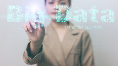 Businesswoman on blurred background using digital binary code interface 3D renderingの写真素材