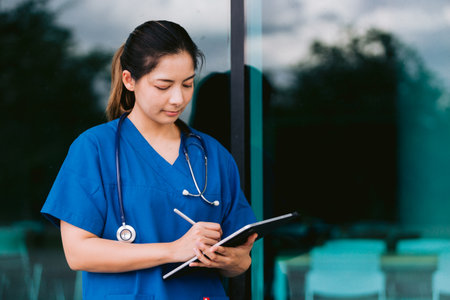 Asian nurse or doctor with stethoscope and clipboard in hospital.の写真素材