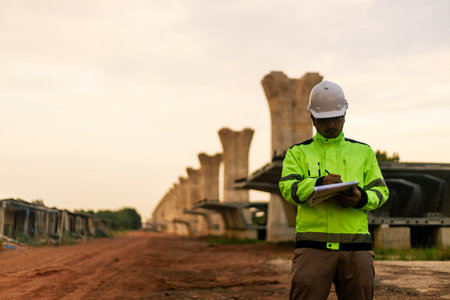 A man in a yellow jacket is writing on a clipboard while standing in front of a bridge. Concept of work and productivityの写真素材