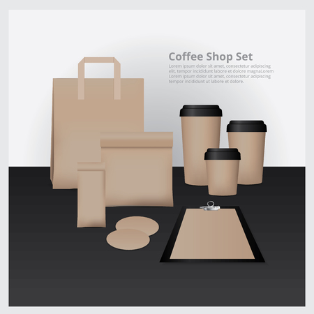 Coffee Shop Set Mock Up Coffee Cup, Paper Bag, Coffee Coaster and Paperのイラスト素材