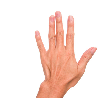 A hand sign point upward meaning five, present, pardon, etc. with white backgroundの写真素材