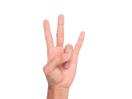 A hand sign of 3 fingers point upward meaning three, third, etc. with white backgroundの写真素材