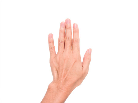 A hand sign point upward meaning five, present, pardon, etc. with white backgroundの写真素材