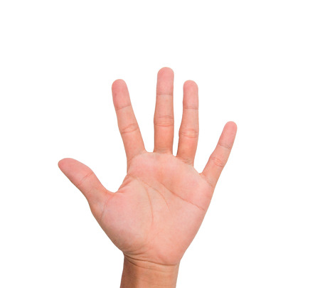 A hand sign point upward meaning five, present, pardon, etc. with white backgroundの写真素材