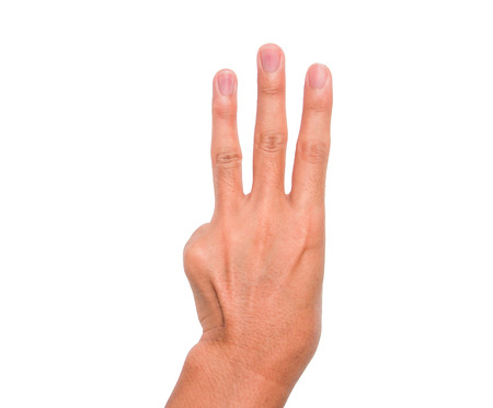 A hand sign of 3 fingers point upward meaning three, third, etc. with white backgroundの写真素材