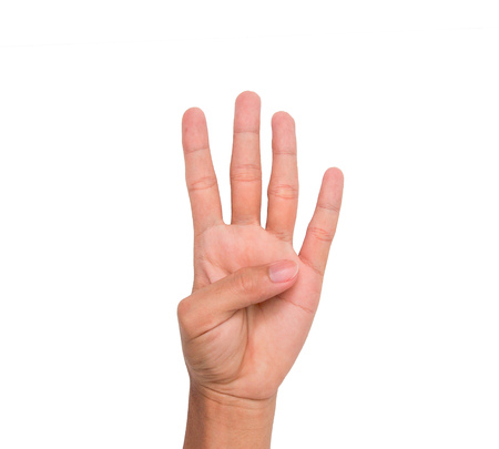 A hand sign of 4 fingers point upward meaning four, fourth, etc. with white backgroundの写真素材
