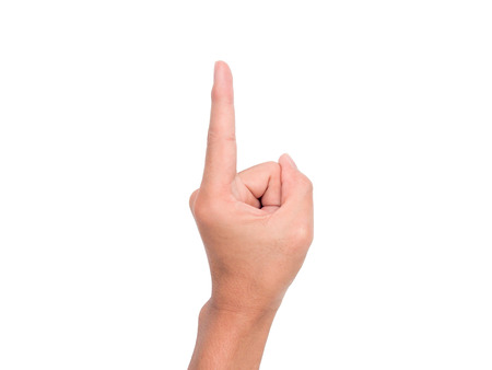 A hand sign point upward meaning one, first, etc. with white backgroundの写真素材
