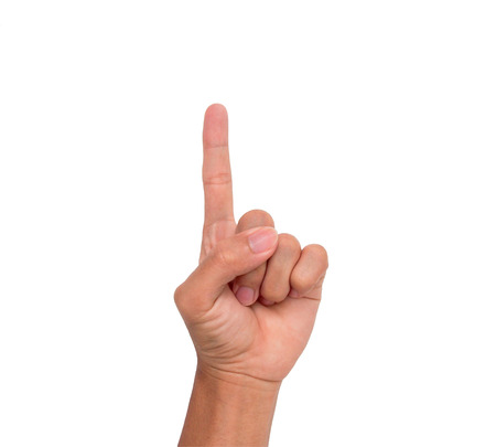 A hand sign point upward meaning one, first, etc. with white backgroudの写真素材