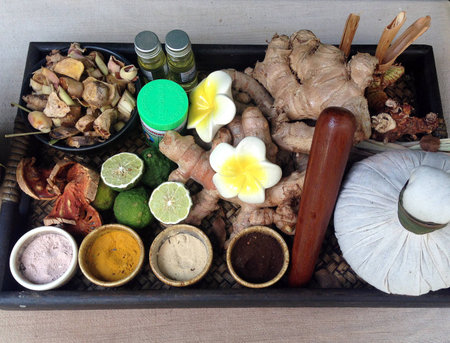spa still life with spa herbal, in wooden bowlの写真素材