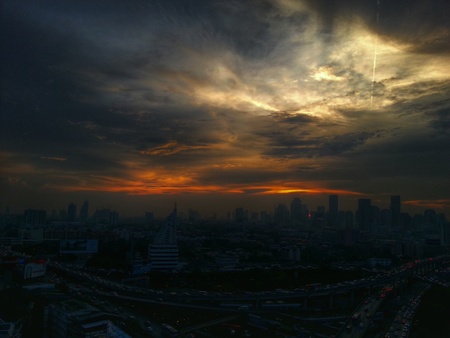 Sunset and cityの写真素材