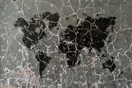 Polished bare concrete wall texture background with world mapの写真素材