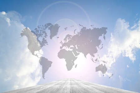 Wood way and Blue sky background with world mapの写真素材