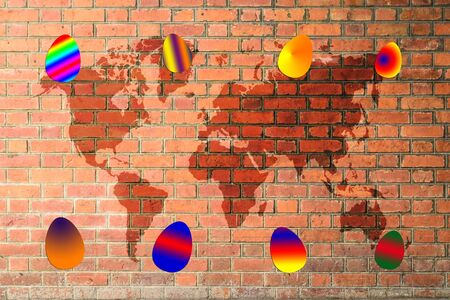 Colorful easter eggs on red brick wall texture background with world mapの写真素材
