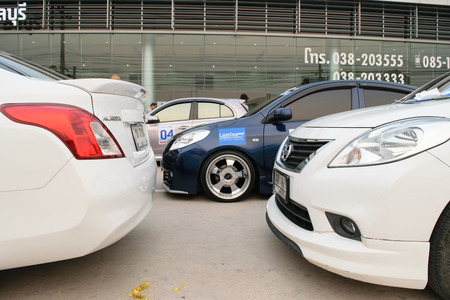 Chonburi, Thailand - March 21, 2015 : The 4th Nissan Eco caravan 2015 Driving Safety & Environment Preservation campaign. Chonburi to Nakhon Nayok. Conducted by Nissan Motor (Thailand) Co., Ltd.のeditorial素材