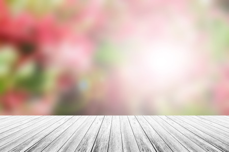 Wood terrace and Abstract blurred nature background. Bird of paradise flower and gardan background with sunlightの写真素材