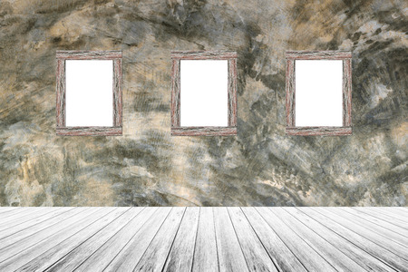 Wood terrace and Polished bare concrete wall with wood photo picture frame interior texture backgroundの写真素材