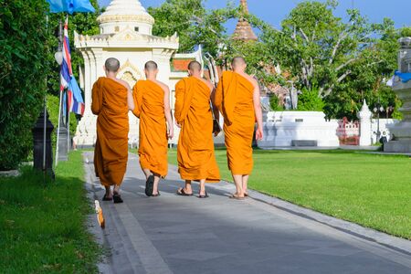 Bangkok, Thailand - September 5, 2015 : Thai monk walking in temple to worship in Wat Thep Sirin Thrawat Ratchaworawihan.のeditorial素材