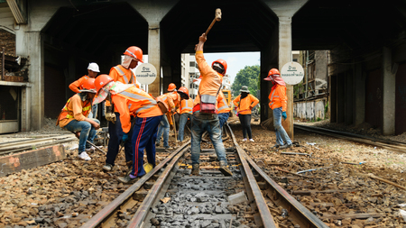 Bangkok, Thailand - September 5, 2015 : Unidentified railway employees working for restoration the...