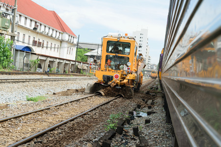 Bangkok, Thailand - September 5, 2015 : Restoration the railroad tracks by Plasser and Theurer machine at State Railway of Thailand.のeditorial素材