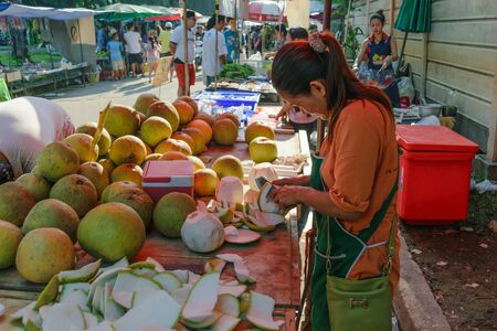Bangkok, Thailand - October 17, 2015 : Thai exotic fruits in market. Like the charming people, exotic fruit greets you on almost every corner in Thailand.のeditorial素材