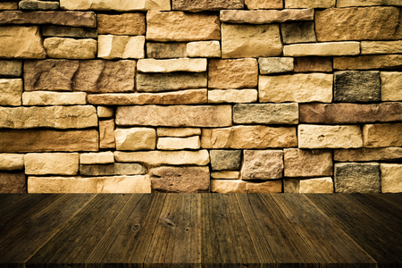 Wood terrace and Stone wall texture background surface natural color , process in vintage styleの写真素材