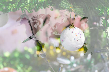Christmas tree decoration for merry christmas Xmas and happy new year with world mapの写真素材