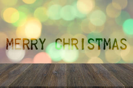 Wood terrace and Abstract bokeh background of Christmas tree decoration for merry christmas Xmas and happy new yearの写真素材