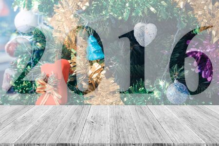 Wood terrace and Christmas tree decoration for merry christmas Xmas and happy new year 2016