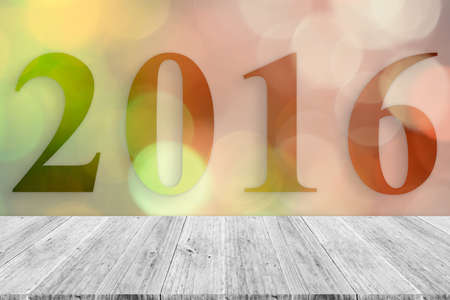 Wood terrace and Abstract bokeh background of Christmas tree decoration for merry christmas Xmas and happy new year 2016の写真素材