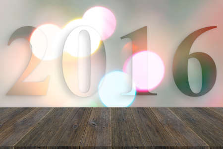 Wood terrace and Abstract bokeh background of Christmas tree decoration for merry christmas Xmas and...
