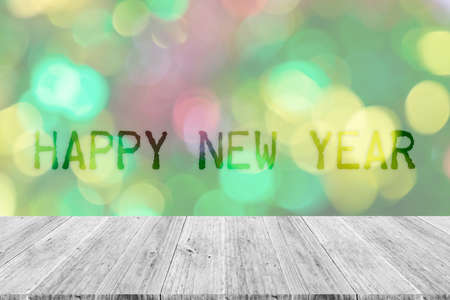 Wood terrace and Abstract bokeh background of Christmas tree decoration for merry christmas Xmas and happy new yearの写真素材