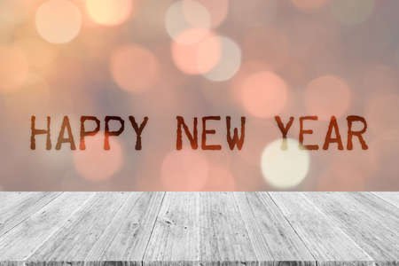 Wood terrace and Abstract bokeh background of Christmas tree decoration for merry christmas Xmas and happy new yearの写真素材