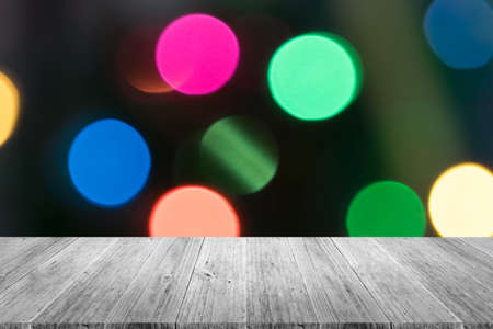 Wood terrace and Blurred of Abstract bokeh background of Christmas tree decoration for merry christmas Xmas and happy new yearの写真素材