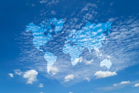 Nature cloudscape with blue sky and white cloud with world map