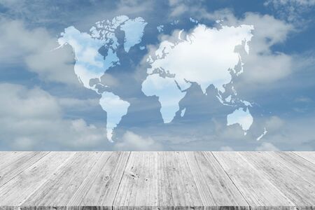 Nature cloudscape with blue sky and white cloud with Wood terrace and world map