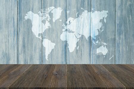Wood texture surface natural color use for background with Wood terrace and world map