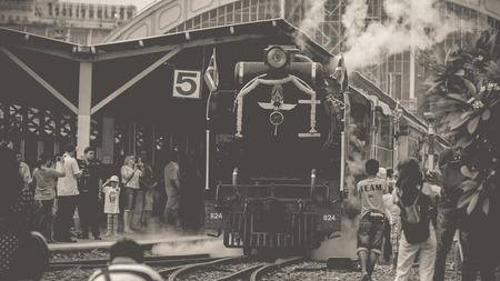 Bangkok, Thailand - March 26, 2016 : Steam train at Foundation Day of train operation 119 years anniversary of the State Railway of Thailand. , process in vintage black and white styleのeditorial素材