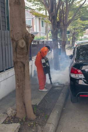Bangkok, Thailand - January 31, 2016 : Unidentified people fogging DDT spray kill mosquito for control Malaria, Encephalitis, Dengue and Zika in village at Bangkok Thailand.のeditorial素材